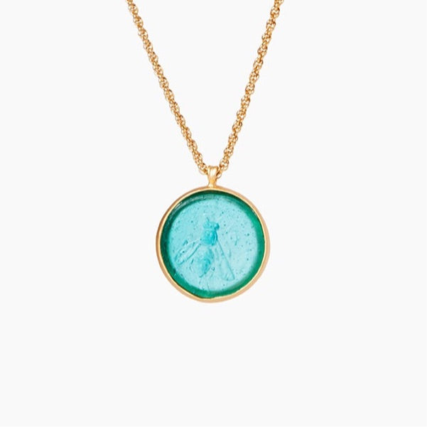 Glass Coin of Ephesos Motif Pendant Necklace (Teal Tone)