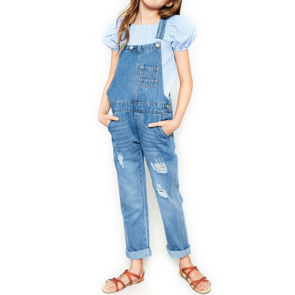 girls distressed overalls
