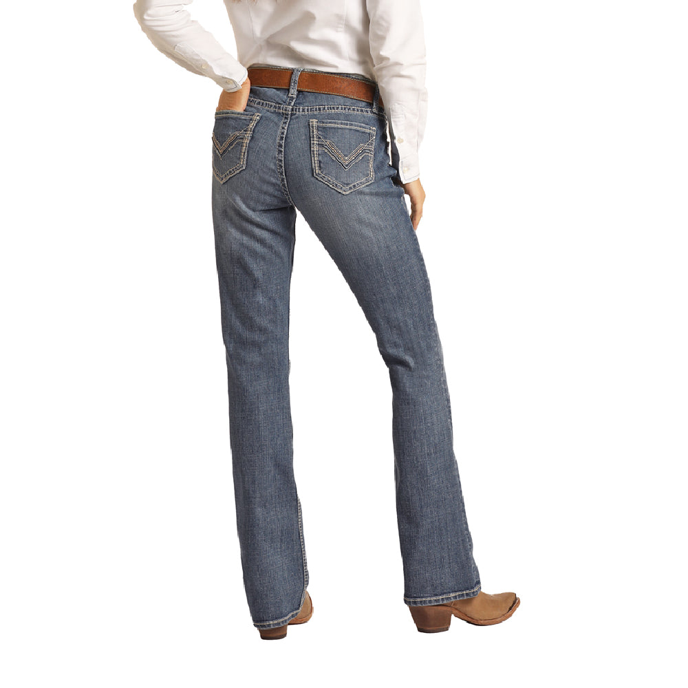 Rock & Roll Womens Dart Detail Button Bell Bottom Jeans - Medium Wash