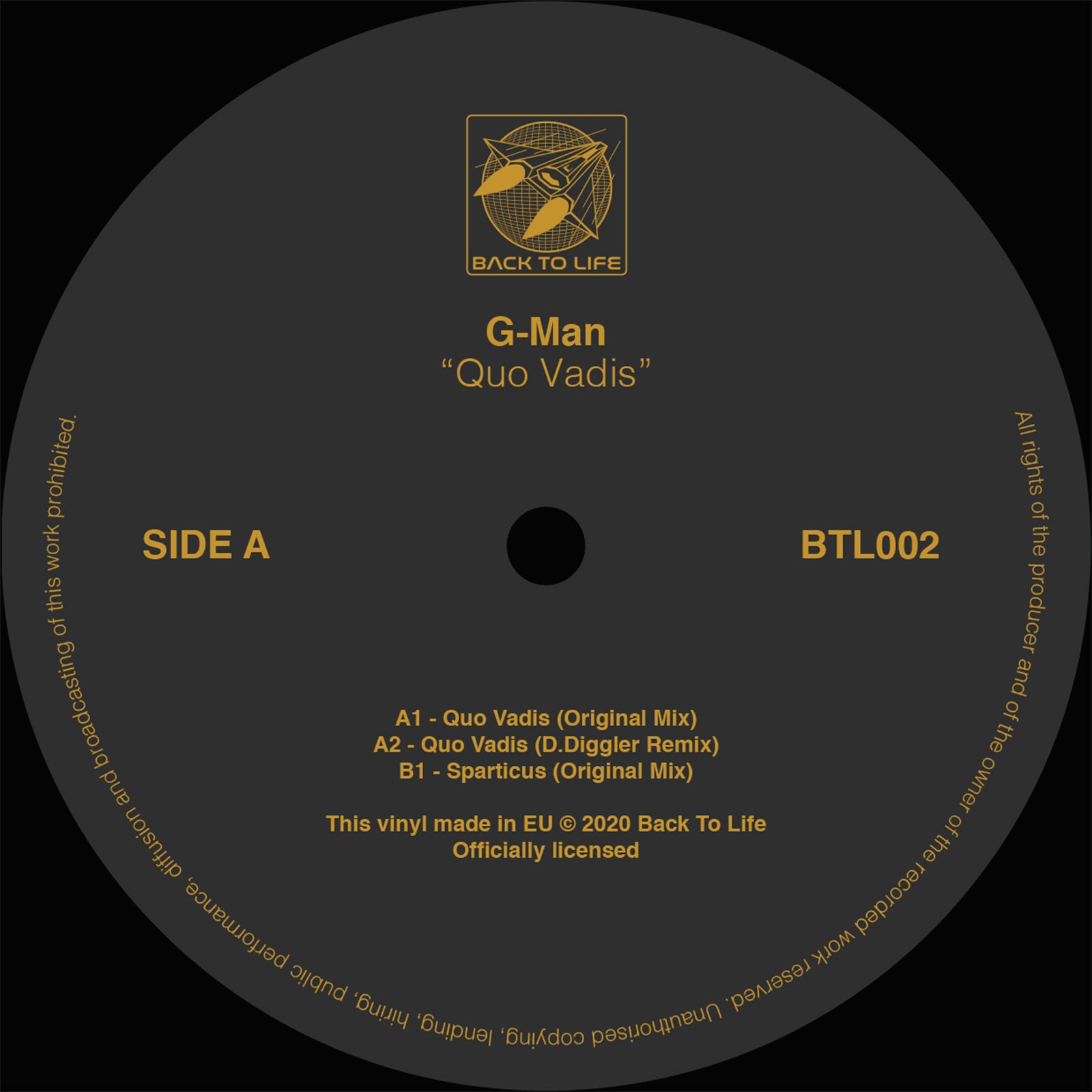 S e 5 e X E 2 2 5 o 4 5 @ i ed o 2 K7 Z H@E e e D A1 - Quo Vadis Original Mix A2 - Quo Vadis D.Diggler Remix B1 - Sparticus Original Mix This vinyl made in EU 2020 Back To Life Officially licensed 9'1 S 2o RSP ta 