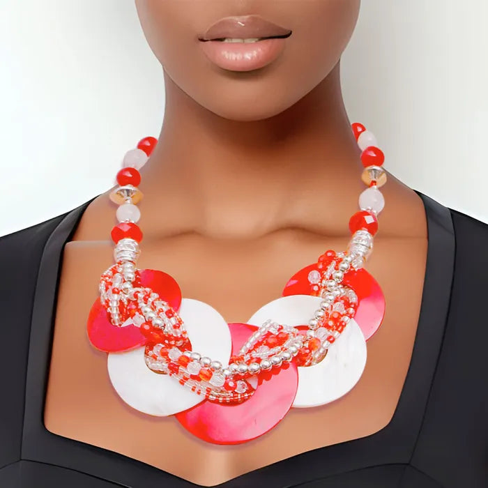 Red and White Disc Necklace Set
