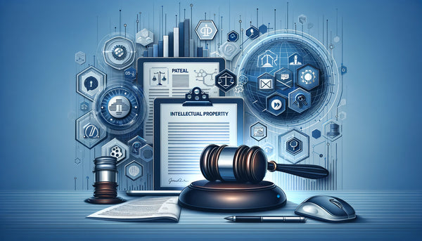 Digital illustration of KARE's intellectual property enforcement, featuring a gavel on a sound block, patent documents, and technology icons against a blue background, embodying the fusion of legal protection and audio innovation.