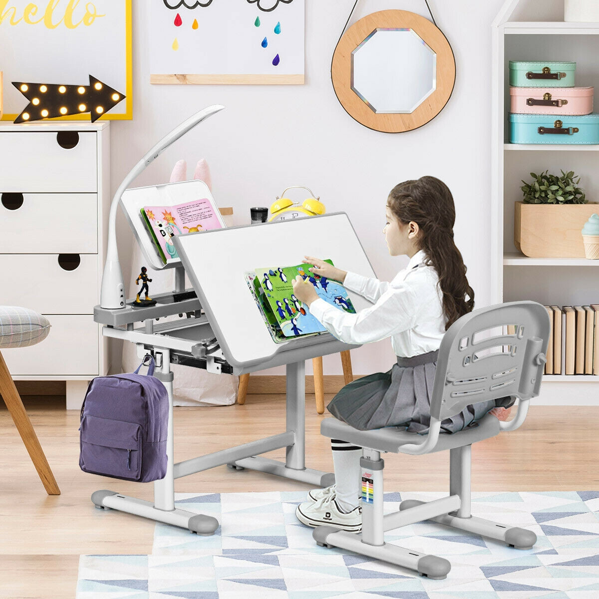 Adjustable Kids Desk Chair Set With Lamp And Bookstand Hw61309 Wc