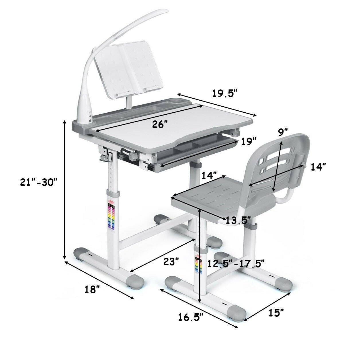 Adjustable Kids Desk Chair Set With Lamp And Bookstand Hw61309 Wc