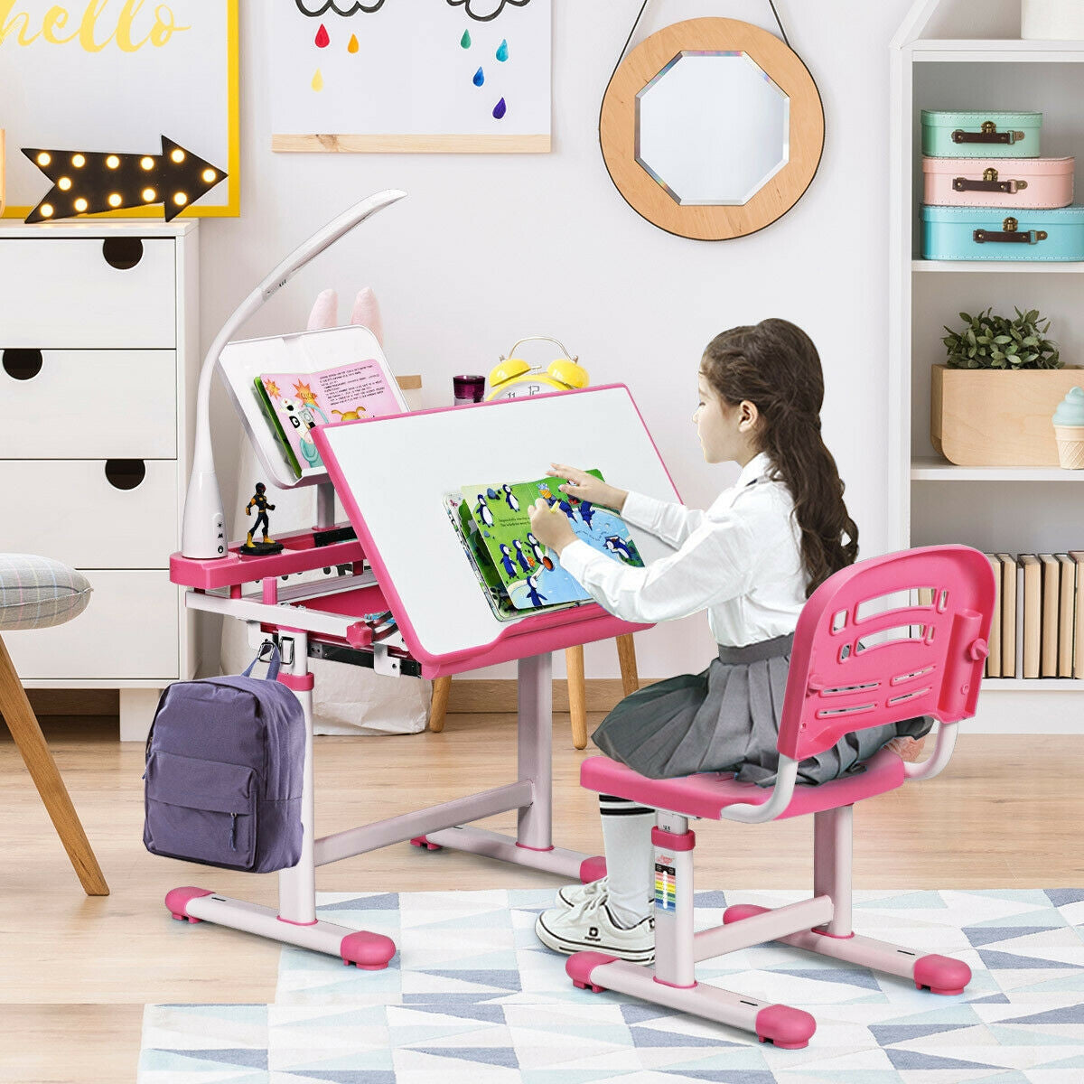 Adjustable Kids Desk Chair Set With Lamp And Bookstand Hw61309 Wc