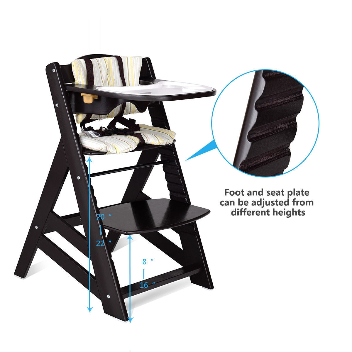 Adjustable Height Wooden Baby High Chair With Removeable Tray