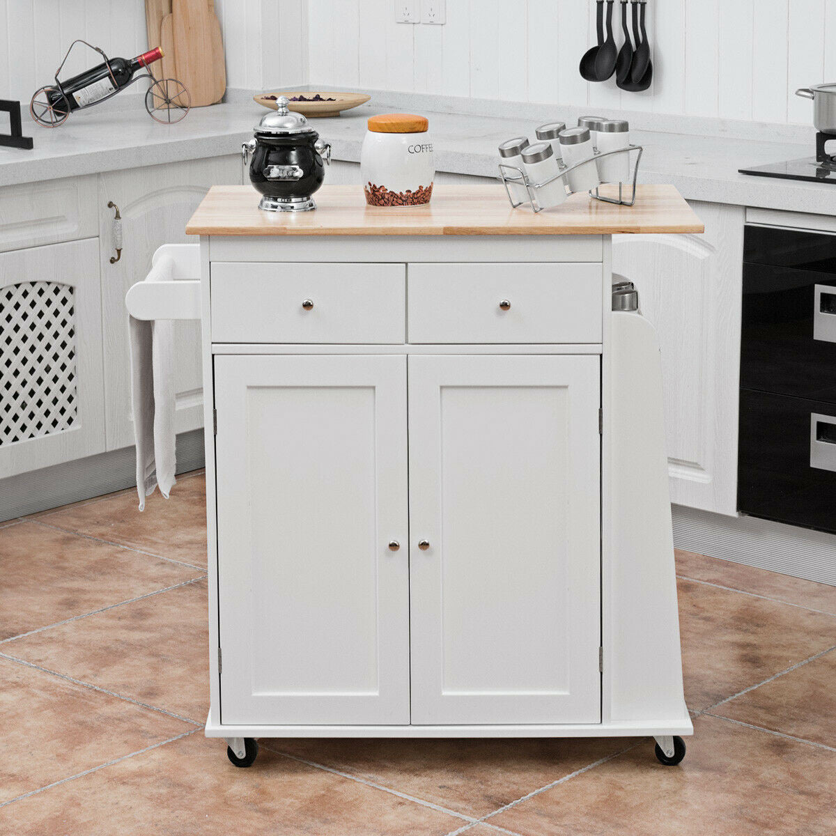 Rubber Wood Countertop Rolling Kitchen Island Cart Kc50280 Wc