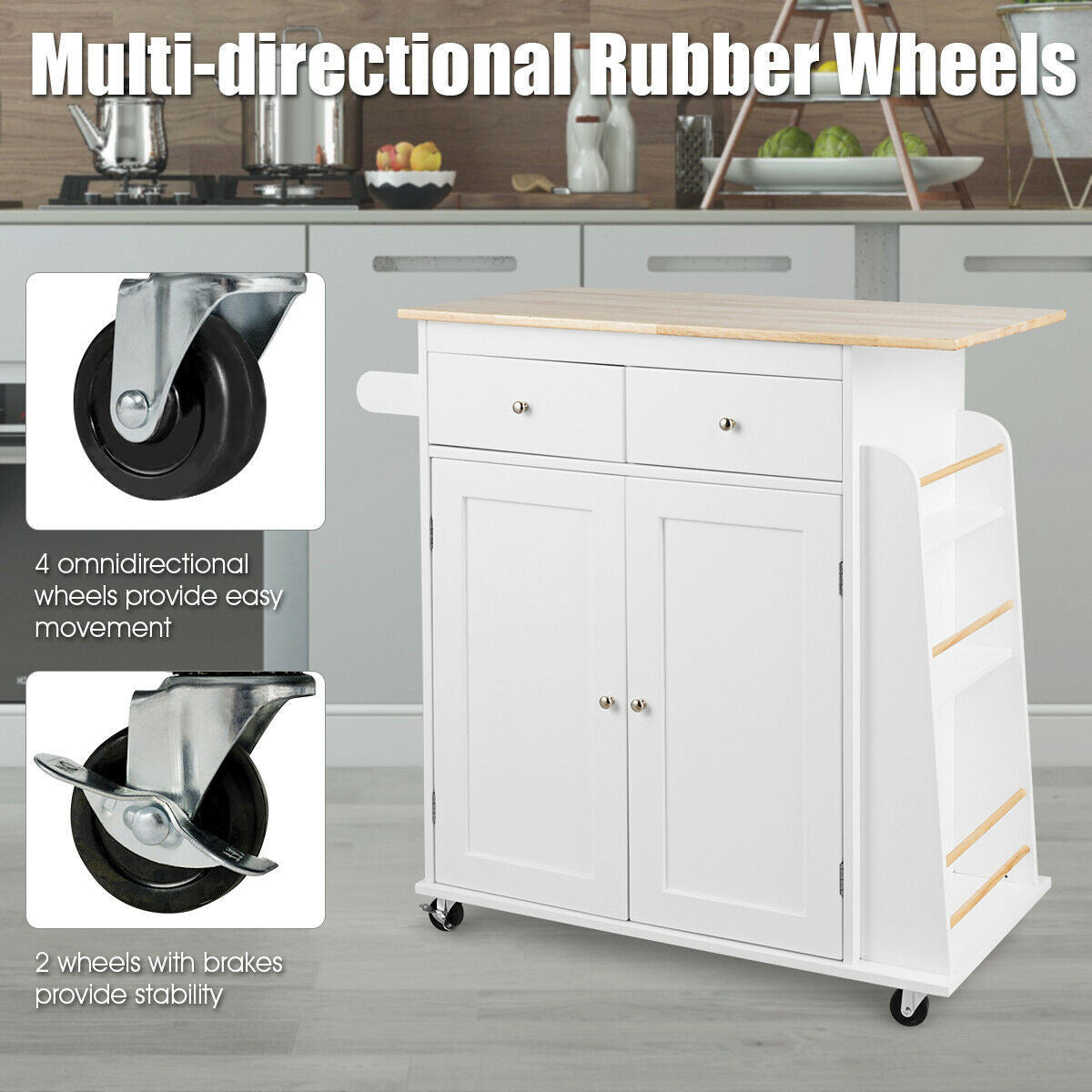 Rubber Wood Countertop Rolling Kitchen Island Cart Kc50280 Wc