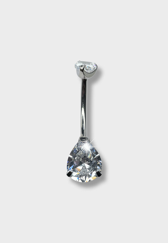 Titanium Belly Bar in Silver with Clear Gemstones