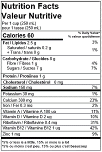 Silk Almond Original Milk Nutrition Facts Chart