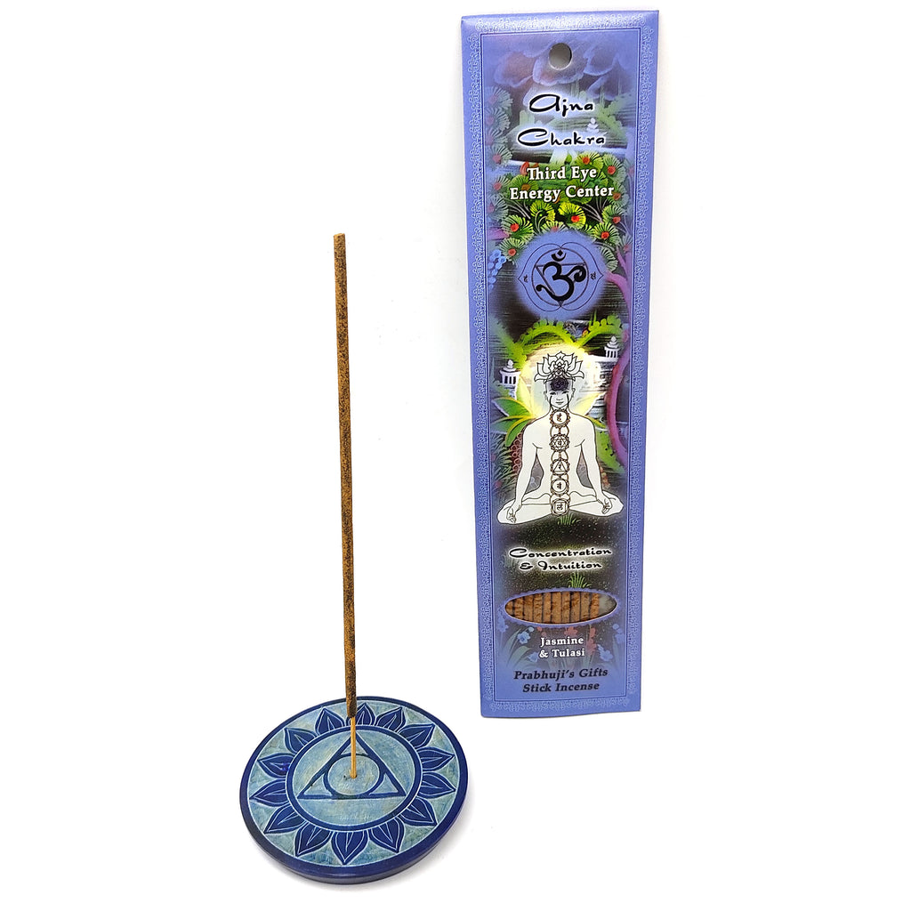 Ajna Chakra Soapstone Plate Incense Burner With 10 Jasmine Tulasi Incense Sticks