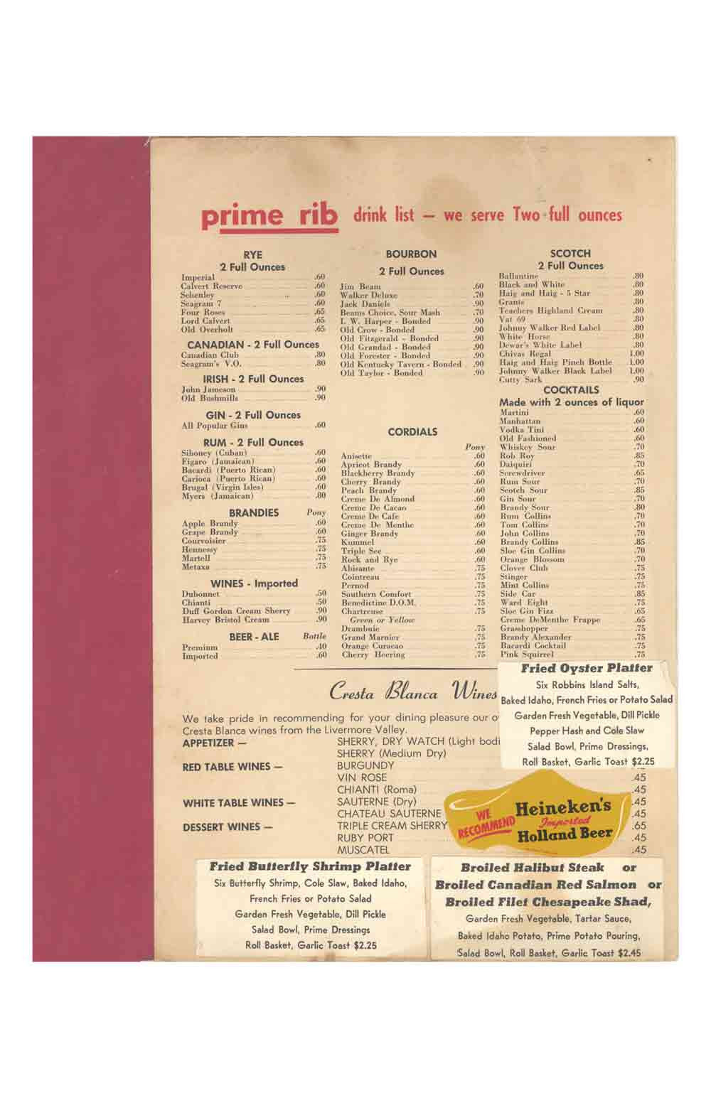 Al Reiner's Prime Rib, Philadelphia 1960s Menu Art - Love Menu Art