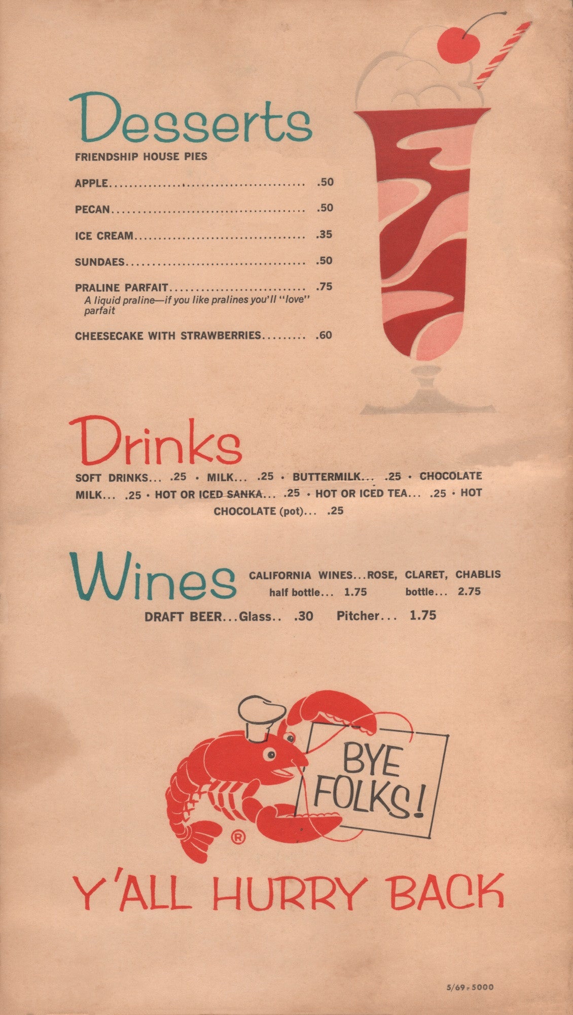 Friendship House Biloxi 1960s Menu Artwork Vintage Menu Art