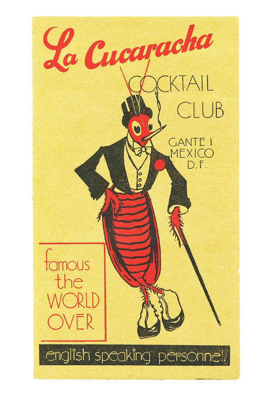 La Cucaracha Cocktail Club, Mexico City, 1930s Menu Art – Vintage Menu Art