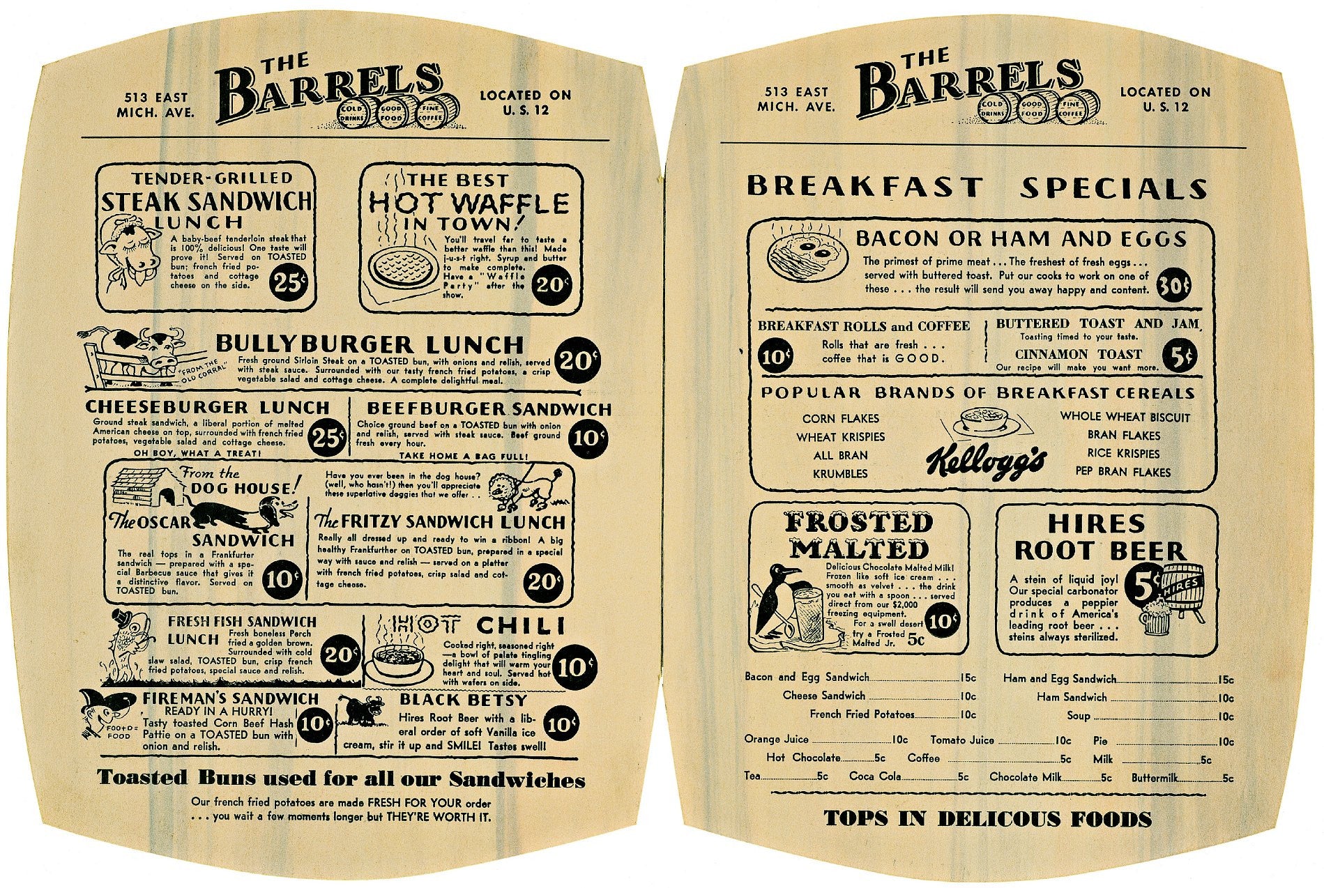 The Barrels, Kalamazoo, 1930s Restaurant Menu Art – Love Menu Art