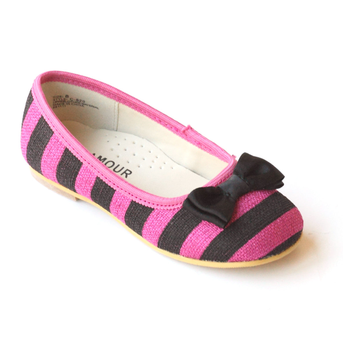 L'Amour Shoes Girls C-820 Fuchsia Striped Linen Canvas Bow Flats