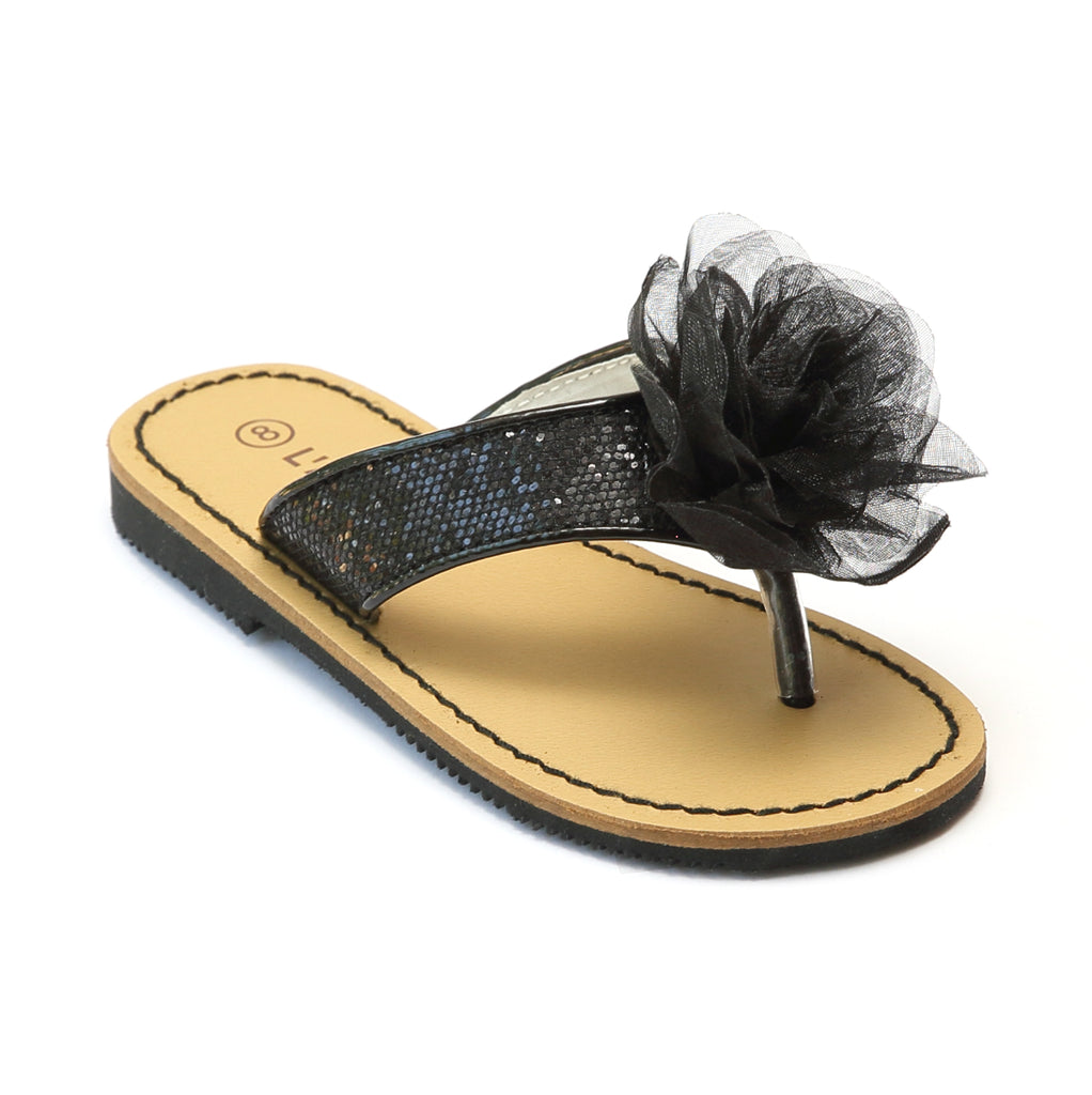 L'Amour Girls J780 Black Organza Flower Thong Sandals – Babychelle