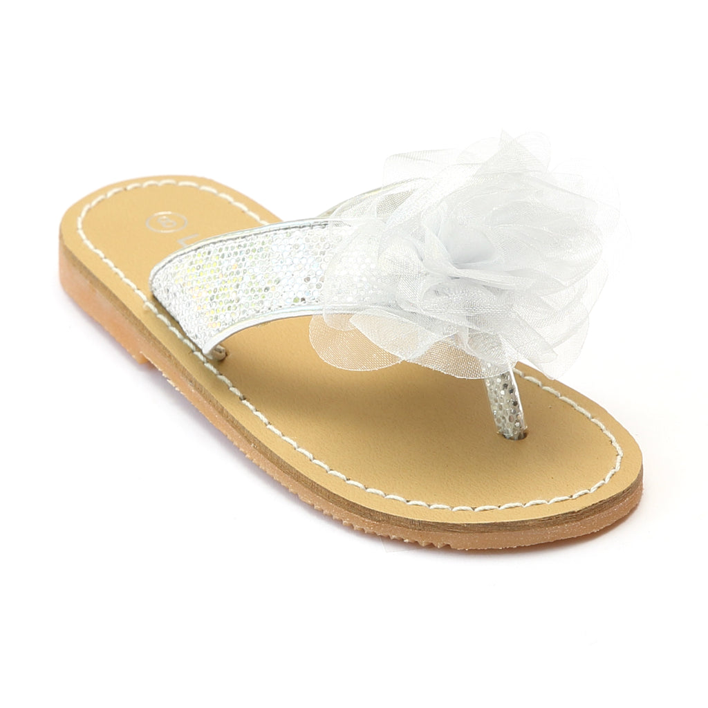 L'Amour Girls J780 White Organza Flower Thong Sandals – Babychelle