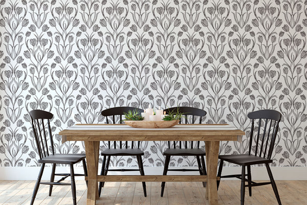 Abstract tulip wallpaper in dining area