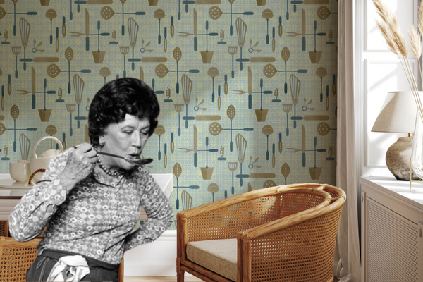 Julia Child and kitchen tool wallpaper