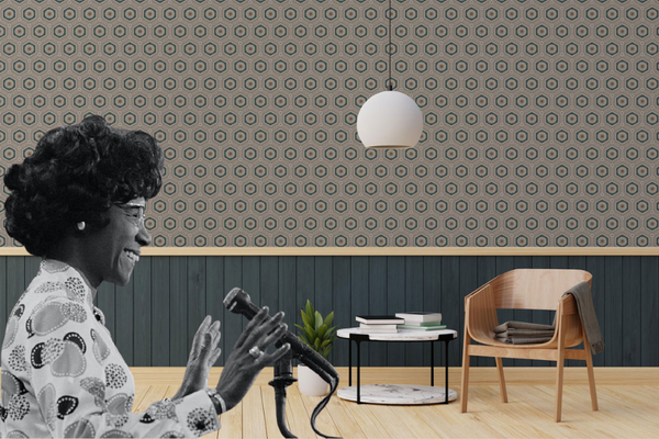 Shirley Chisholm and retro geometric wallpaper