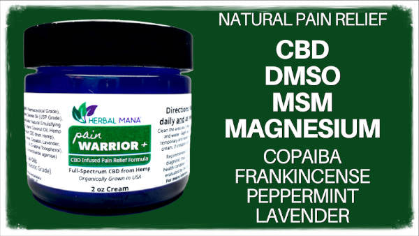 Bottle of Pain Warrior CBD DMSO Cream and Ingredients List on green background 