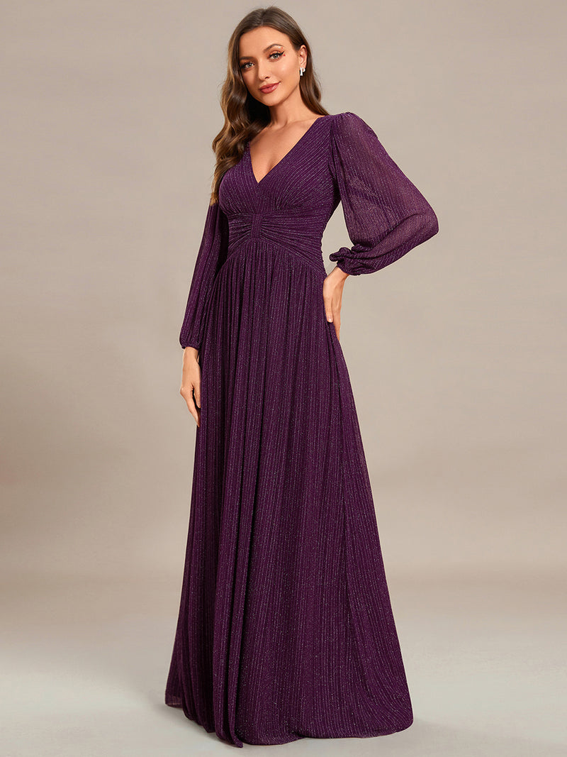 Color=Purple Wisteria | Maxi Long Chiffon Waist  V Neck Wholesale Evening Dress with Long Sleeves-Purple Wisteria 4