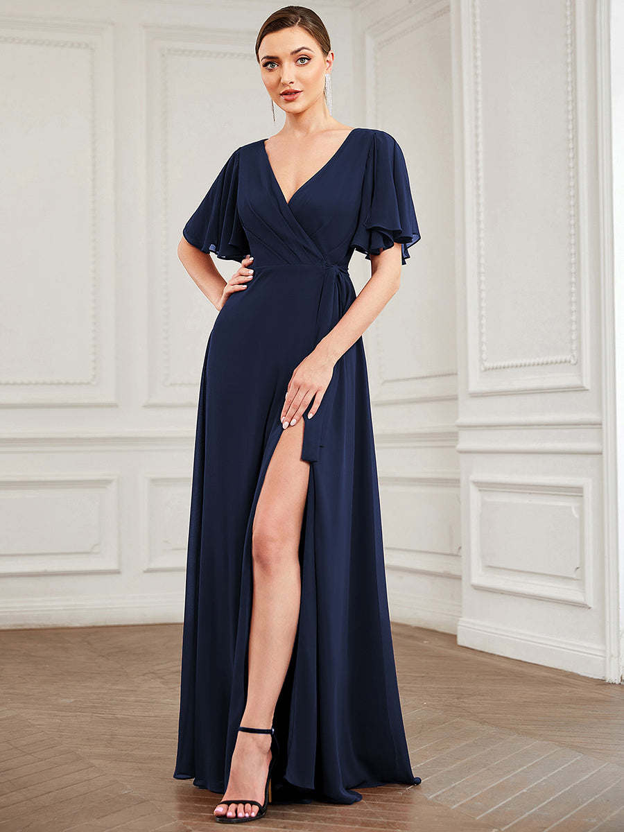 Deep V Neck High Split Pleated Wholesale Evening Dresses