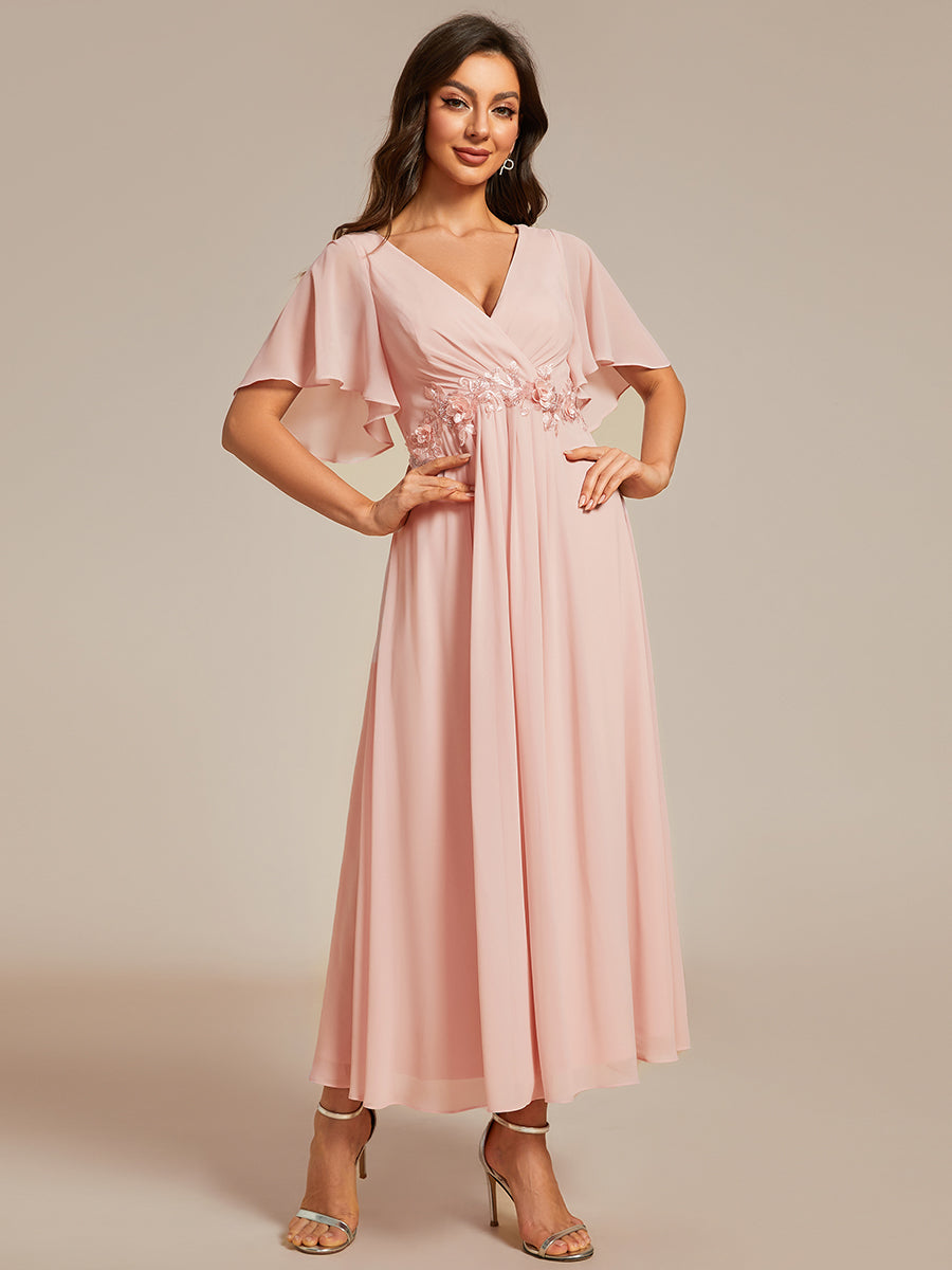 Applique V Neck Tea Length Wedding Guest Dress With Short Sleeves - Ever product image