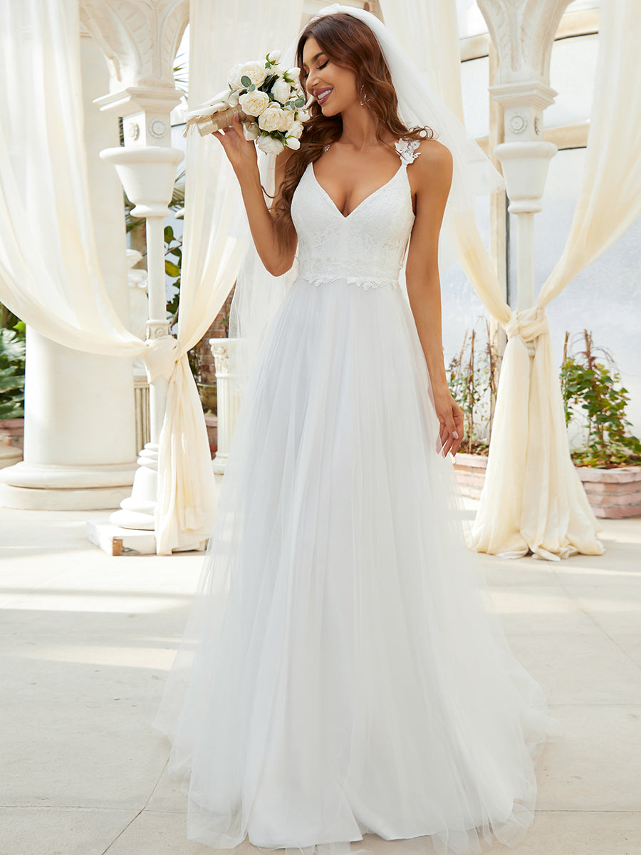 Lace Applique White Simple A Line Elopement Dress for Beach Wedding -  Ever-Pretty US