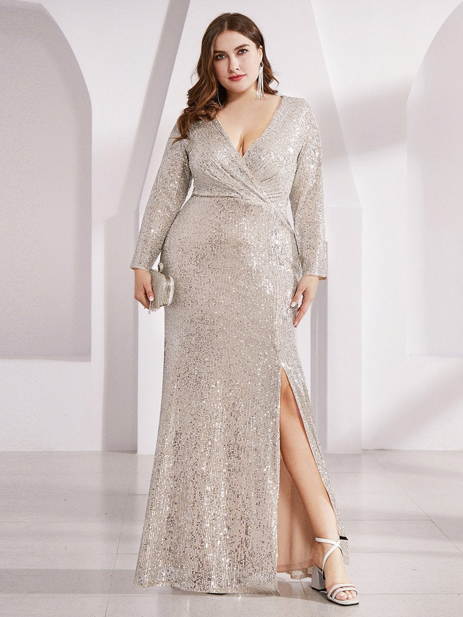 Final Sale Plus Size Spaghetti Strap Faux Sequin Gown with Cut Outs in  Silver