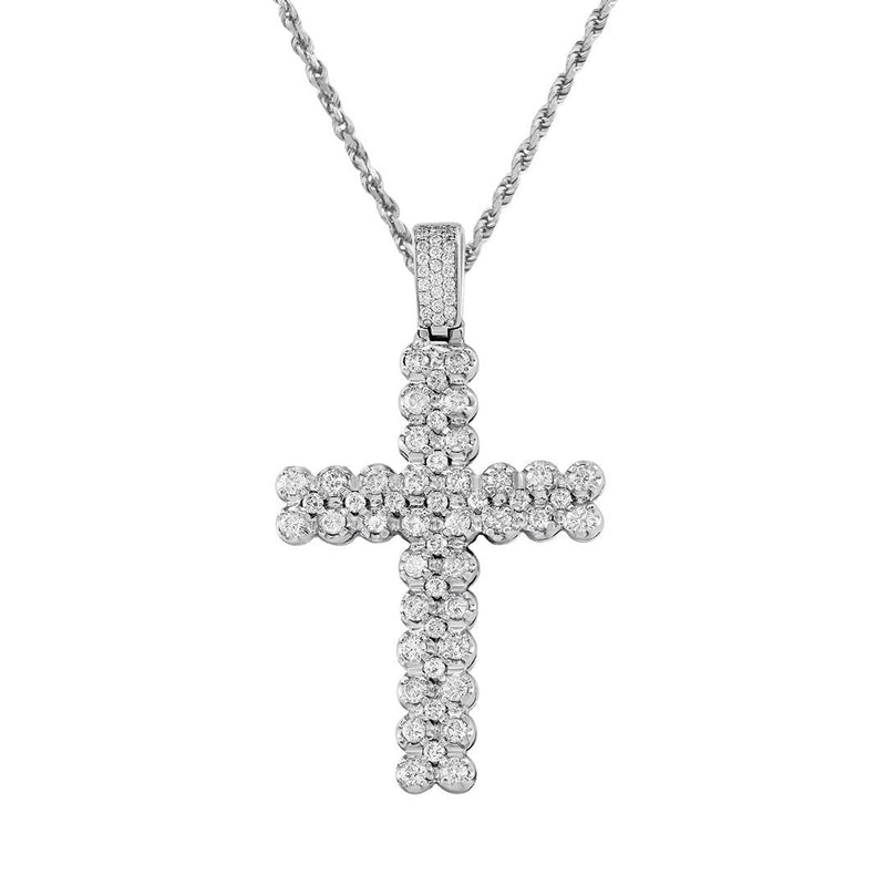 14k White Gold Two Row Diamond Cross Pendant 4 Ctw–Mens Diamond Cross ...