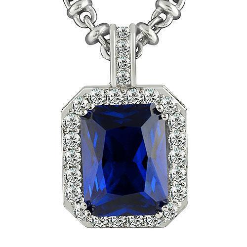 14K White Solid Gold Mens Diamond Blue Sapphire Pendant 25.09 Ctw ...