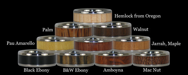 Stacked Titanium rings with wood inlays - Hemlock from Oregon, Palm, Walnut, Pau Amarelo, Jarrah, Maple, Black Ebony, Amboina, Mac Nut