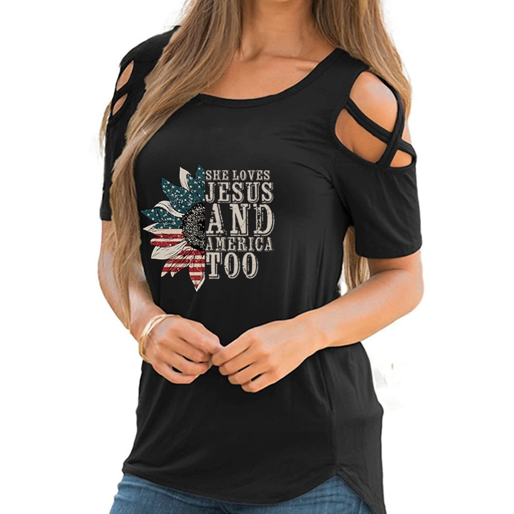 Adicats Black / 3XL She Loves Jesus And America Too Shoulder T-shirts