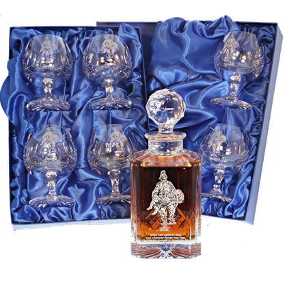Saved' Panel Cut Crystal Brandy Decanter with 2 Goblets Tray Set, Box
