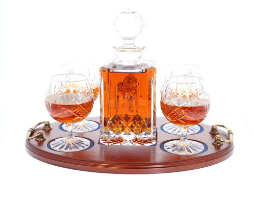 Saved' Panel Cut Crystal Brandy Decanter with 2 Goblets Tray Set, Box