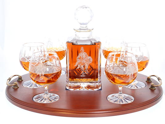 Saved' Panel Cut Crystal Brandy Decanter with 4 Goblets Tray Set, Box