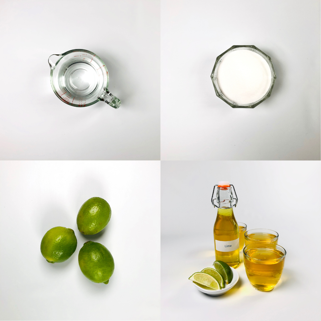 graphic with overhead shot of water, granulated sugar, limes and a bottle of prepared lime simple syrup