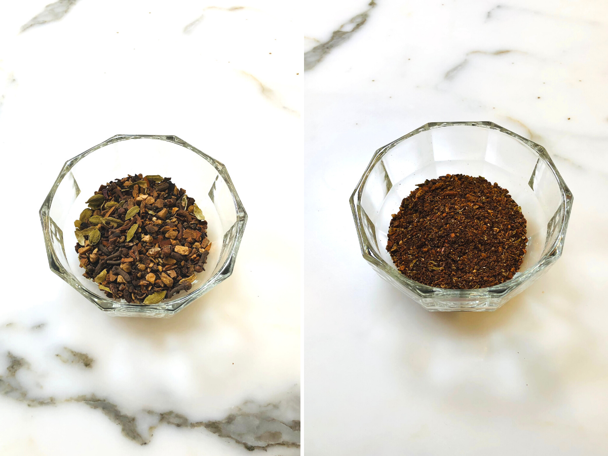 Masala Chai loose leaf tea before and after grinding