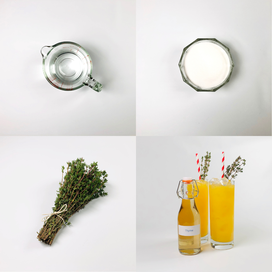 overhead shot of a cup of water, bowl of sugar, bunch of fresh thyme, bottle of thyme simple syrup