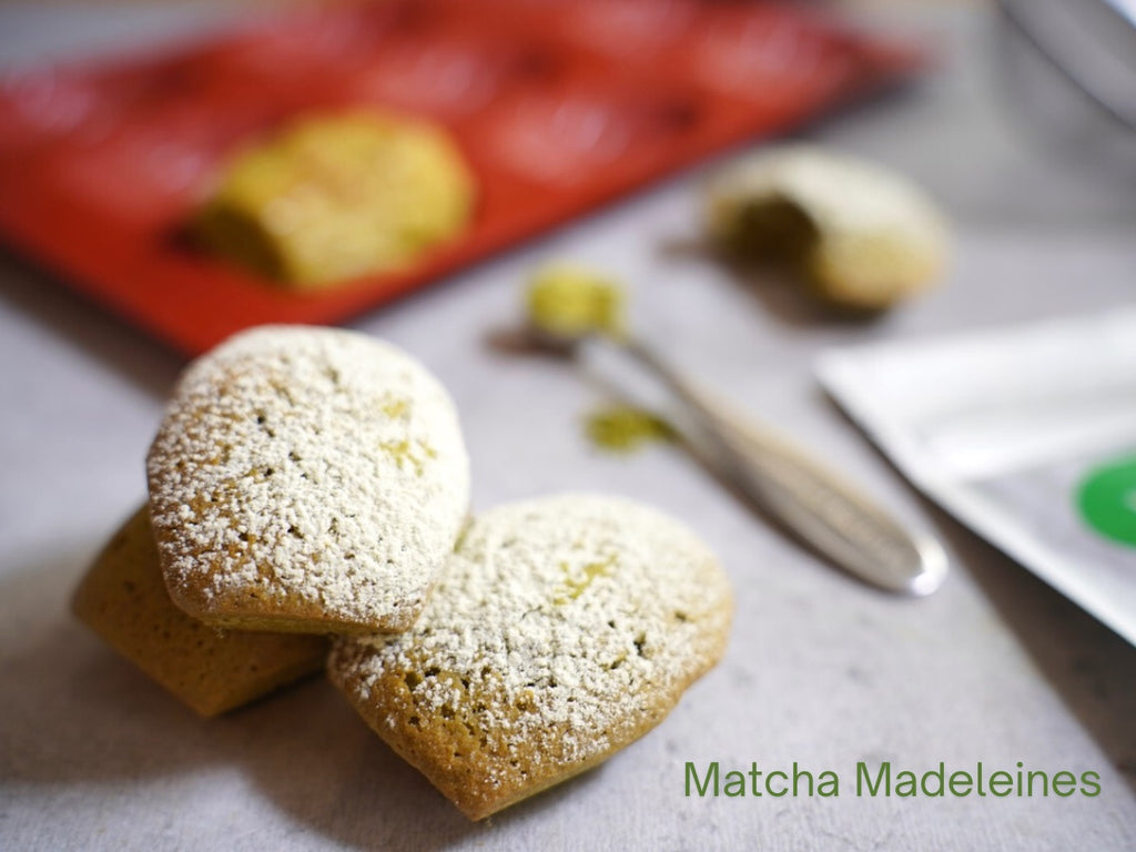 finished madeleines dusted with matcha and powdered sugar