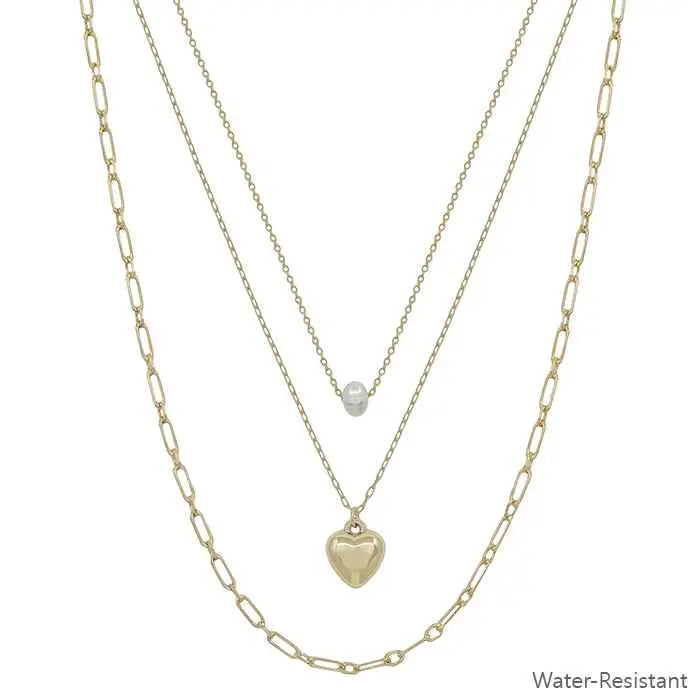 GOLD CHAIN, GOLD PUFFY HEART, AND PEARL 16"-18" NECKLACE