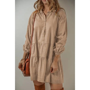 BUTTONED TIERED PLEATED MINI SHIRT DRESS - TAN - Simply Carolina