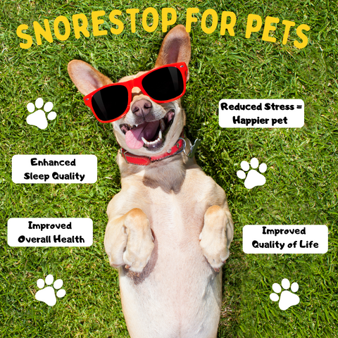 snorestop for pets product benefits displayed with a happy dog on its back in the grass