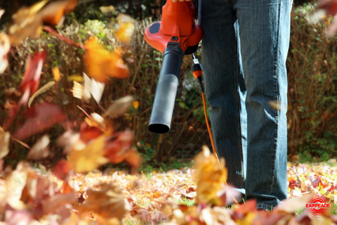 Leaf blower blowing colorful leaves in the fall