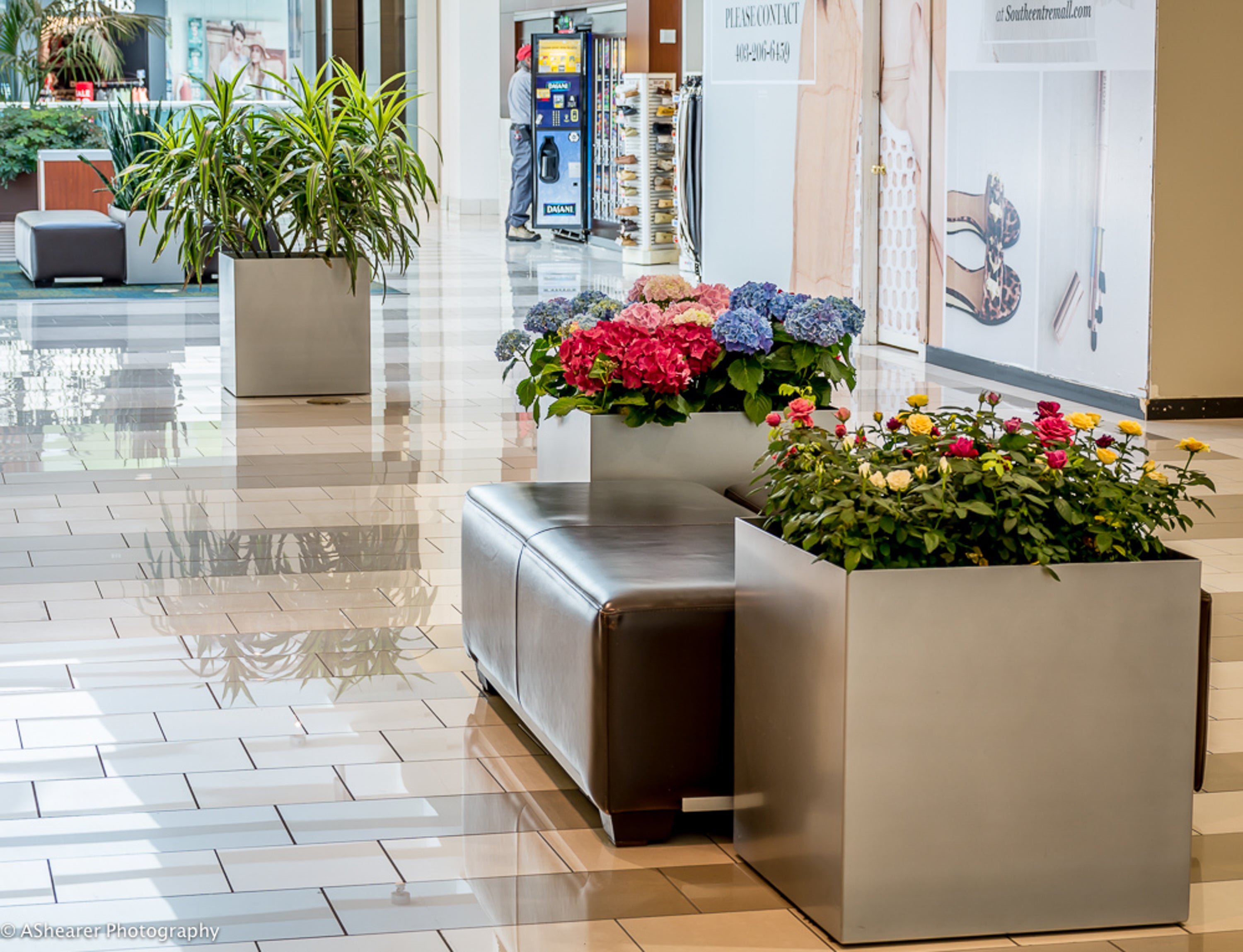 Leather bench between two Modern Elite Cube Planters in a mall