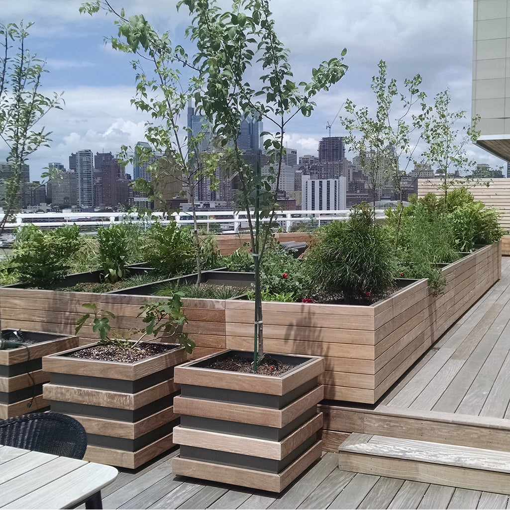 Wood-clad aluminum planter on rooftop | PureModern