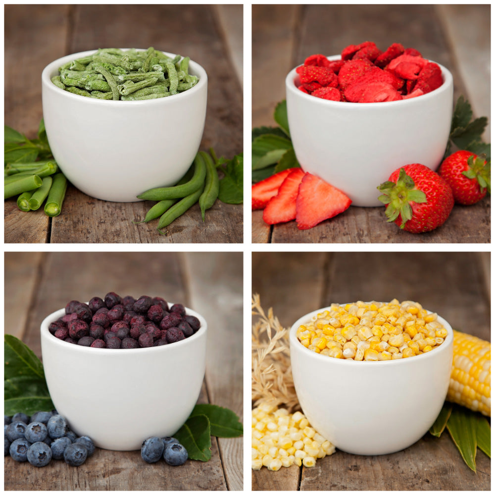 Bowls of freeze dried fruits and vegetables