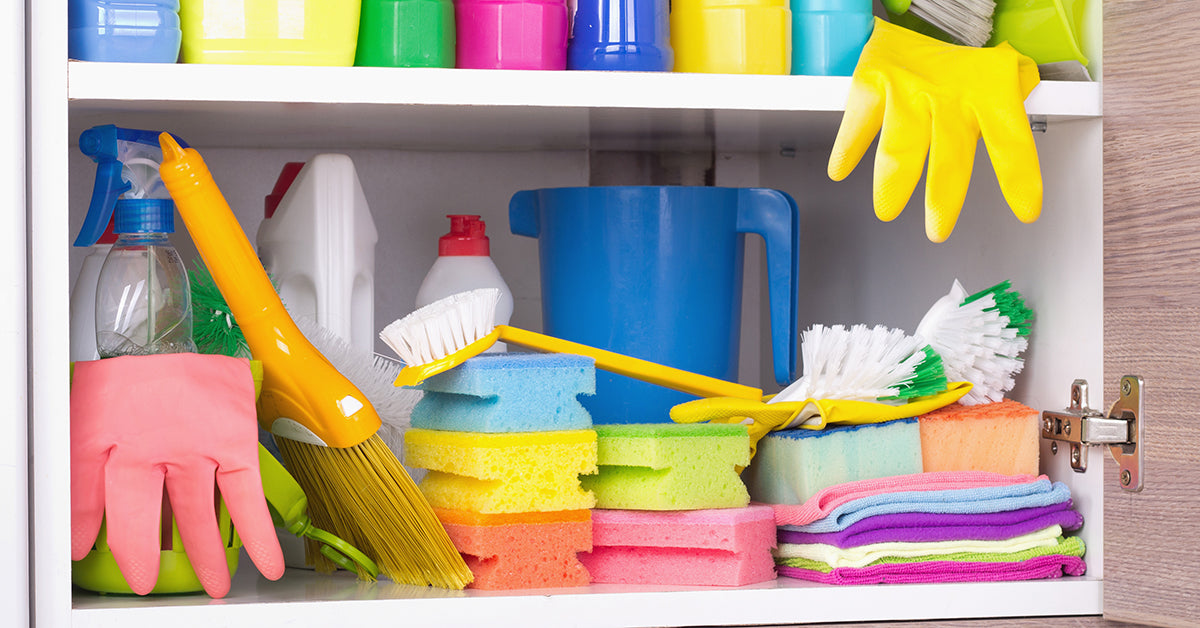 cleaning supplies in a pantry